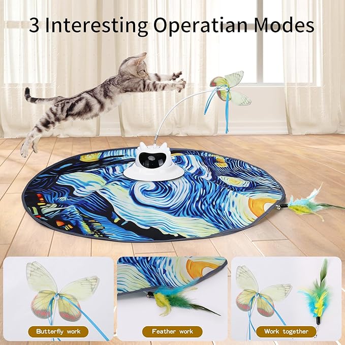 Interactive Automatic Rechargeable Cat Toy – Touch Sensor – Fluttering Butterfly, Feather Wand & Hide and Seek – 360° Random Rotation – Starry Night Design with Remote Control