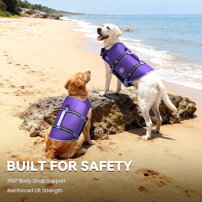 VIVAGLORY Rip Stop Dog Life Vest, Swimming Vest with Handle, Buoyancy for Doggy Puppy, Dog Life Jacket for Swimming & Boating, L, Purple