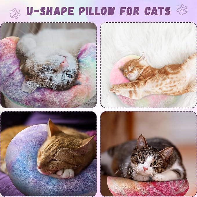 Sweetude 4 Pcs Pillows for Cats Puppy Bed Fluffy Pet Calming Soft Gifts Half Donut U Shaped Pet Neck Pillow Training Joint Relief Cervical Protection(Tie Dye,Medium)