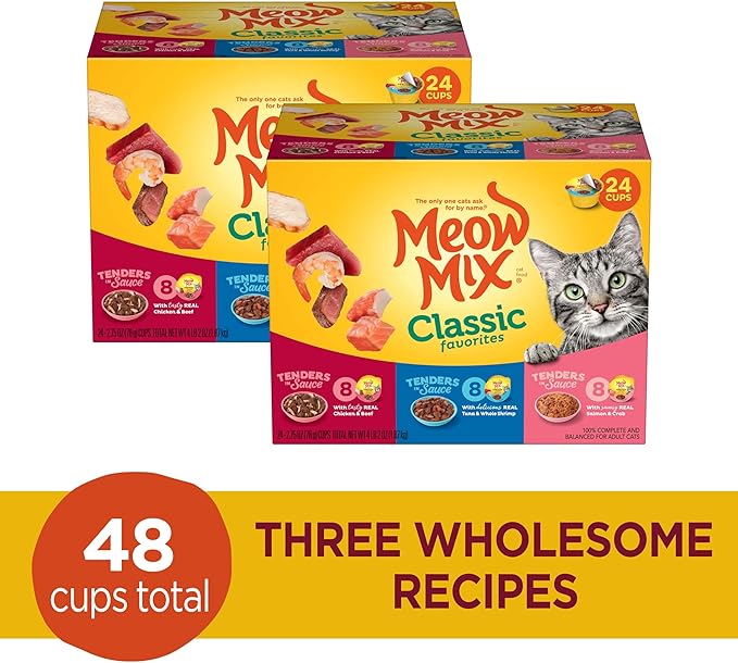 Meow Mix Tenders in Sauce Classic Favorites Wet Cat Food Variety Pack,2.75 Ounce Cup,(Pack of 96)