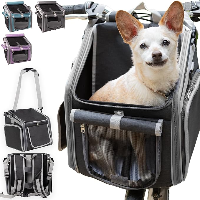 Dog Bike Basket, Mesh Windows, 2 Safety Leashes, Soft Sided, Safe Comfortable Pet Carrier for Small Dogs, Cats (Black)