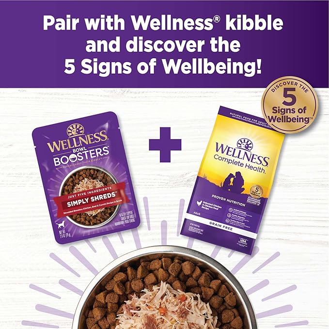 Wellness Bowl Boosters Simply Shreds Wet Dog Food Topper for Small,Medium,& Large Breeds,Grain Free,Natural,Chicken,Beef & Carrots,2.8 Ounce Pouch,(Pack of 24)