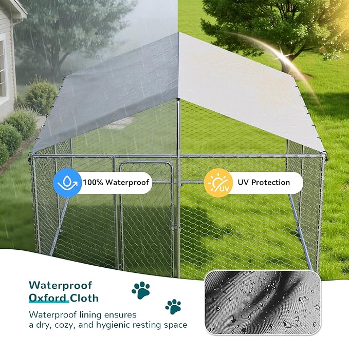 10'x10' Large Outdoor Dog Kennel Outside for Large Dogs, Heavy Duty Dog Enclosure with Wire Mesh Fence, Lock & Waterproof Cover