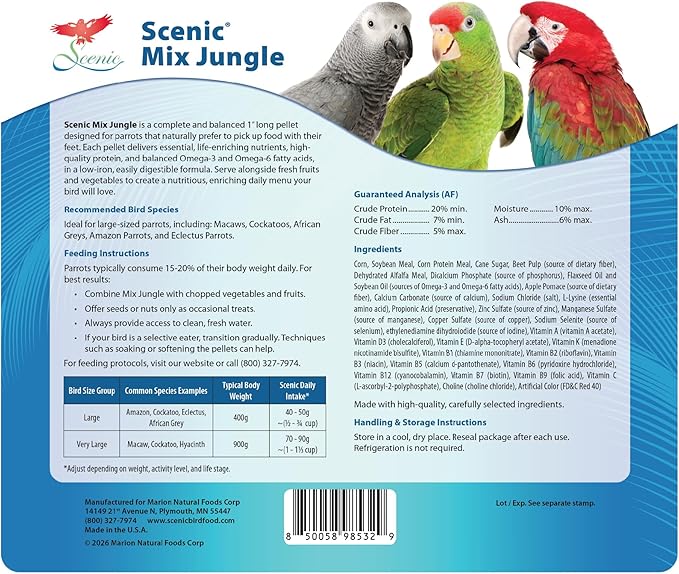 Scenic Mix Jungle Large Parrot Food - 3 lb Bag - 1" Bird Pellets - Complete Nutrition for Macaws, Amazons, Cockatoos, African Grey Parrots & More