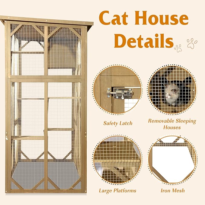 Grepatio Cat Enclosure Large Outdoor Catio Wooden Cat House with Weatherproof, Cat Cage Condo Indoor Playpen with Platform and Small House (Natural)