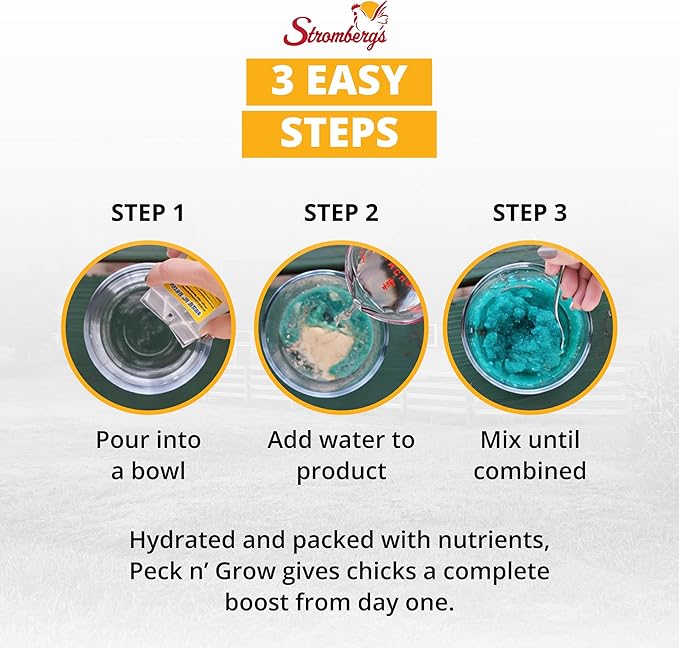 Stromberg's Peck n' Grow, Balanced Hatchling Nutrition Supplement with Probiotics and Essential Vitamins, Instinct-Promoting Chick Starter Formula for Strong Early Growth, 0.28 oz Pack for 100 Chicks