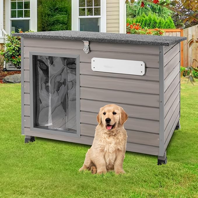 Dog House Outdoor,Chew-Proof Iron Frame Dog Kennel Weatherproof Natural Fir Wood Dog Houses with Removable Floors,Easy Assembly (34" L X 22" W X 25" H)
