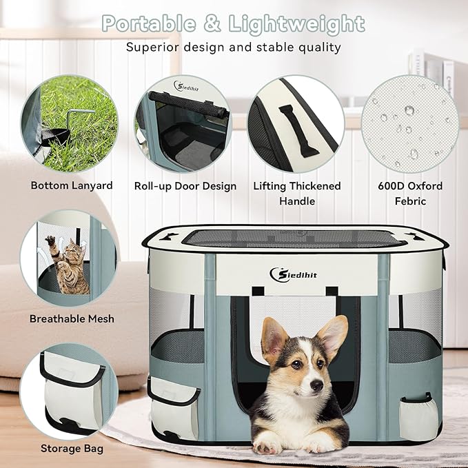 Dog Playpen,Cat Pet Puppy Pen,Portable Playpens for Dogs Indoor Outdoor Travel Camping Use,Foldable Dog Kennel Tent Crate for Rabbit Small Animals with Carrying Case (Grey, Small)