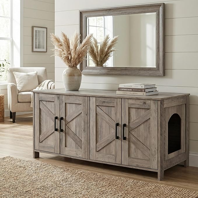 Homhedy Cat Litter Box Enclosure for 2 Cats, Litter Box Furniture Hidden with Double Room,Wooden Cat Washroom Furniture,Cat House,47.2”L x 19.7”W x 19.7”H,Greige