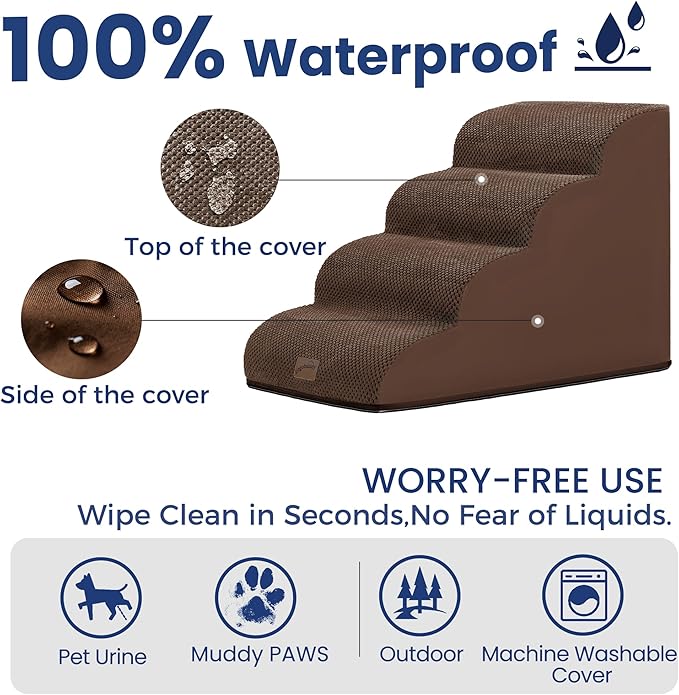 gogobunny Ramp Cat Dog Stairs for Beds, Cat Slope Stairs with Durable Waterproof Fabric Cover, Pet Steps for Old Large Dogs Climbing (Brown, 4-Step (28.3" D x 15.7" W x 19.7" H), 4)