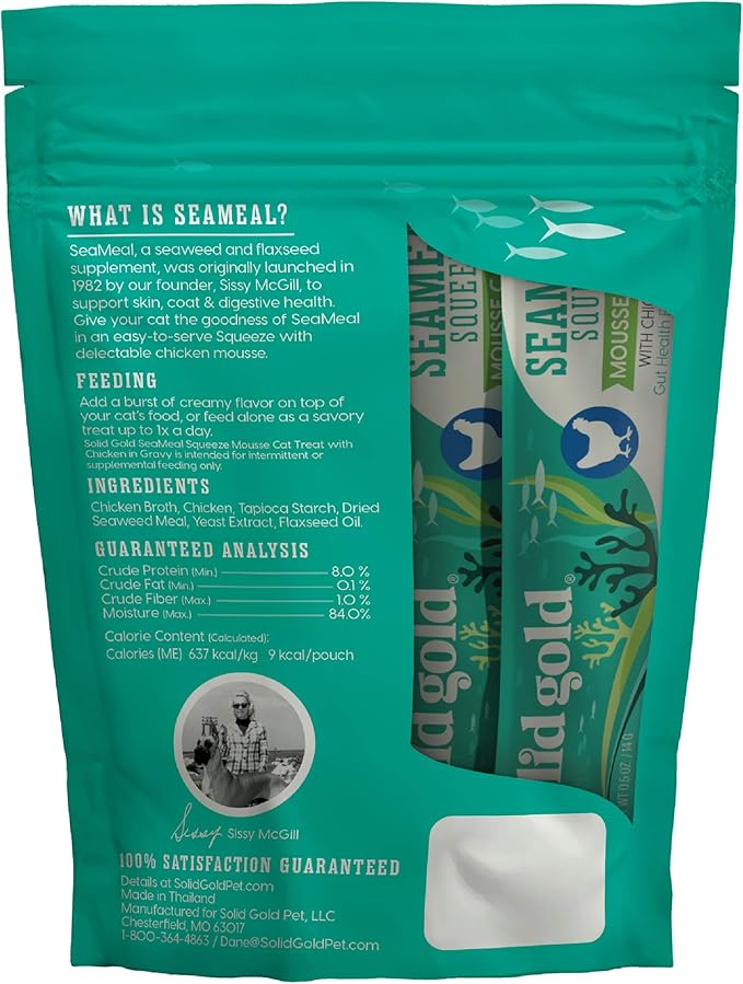 Solid Gold SeaMeal Squeeze Chicken Lickable Cat Treats with Seaweed for Skin & Coat - Wet Cat Treats with Digestive & Immune Health Support - Natural, Holistic, Grain Free (48 Squeezes)