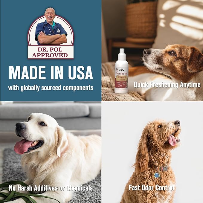 Dr. Pol Incredi-Pol Body Mist | Pet Deodorizer Spray & Dog Body Odor Eliminator | Dog Freshener & Odor Spray for Dogs | Safe for Dogs & Cats | Long-Lasting Scent | 3oz | Lavender