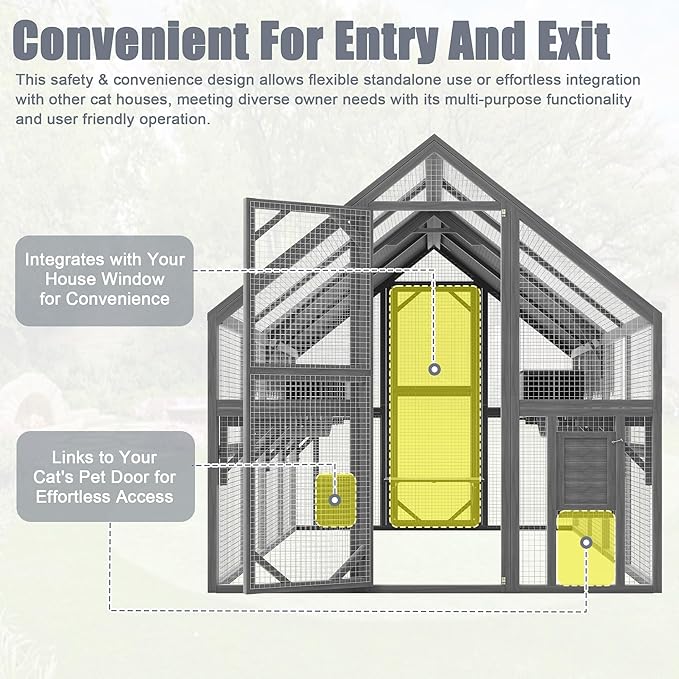 KEIKI 110" Large Outdoor Cat Enclosure for Multiple Cats, Weatherproof Wooden Catio with 7 Platforms, 2 Resting Boxes, 2 Bridges & Canopy, Secure Outdoor Cat House, Gray