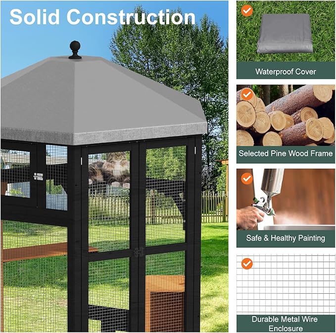 Catio Outdoor Cat Enclosure,Large Cat House Kitty Cage,Indoor Outdoor Cats Outside Patio for Cats with Window Access & Waterproof Roof, Multiple Platforms & Scratching Post, 65" Black