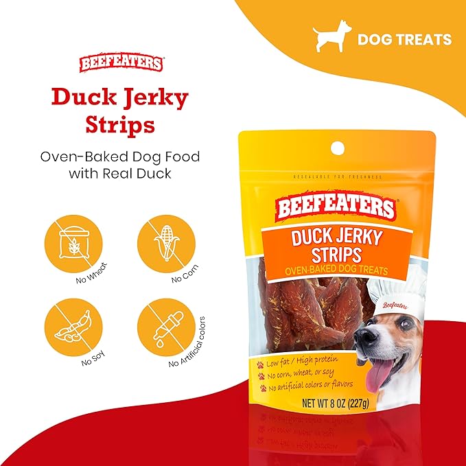 Beefeaters Duck Jerky Strips for Dogs, 8oz – Dog Treat. Oven-Baked, High Protein, Low Fat, No Corn, Soy, or Wheat, Ideal for Training (Pack of 2)