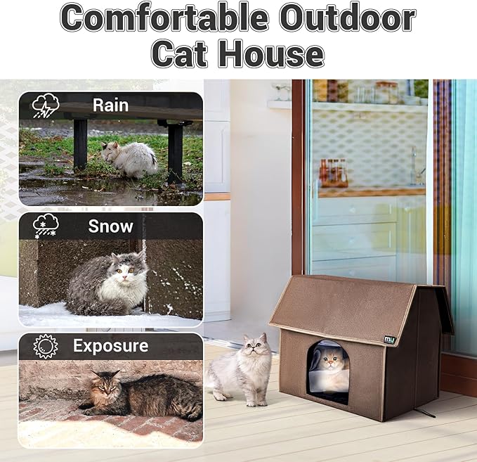 MIU COLOR Outdoor Cat House, Upgraded Large Weatherproof Cat Houses for Outdoor Cats, Insulated Feral Cat Shelter with Removable Soft Mat, Easy to Assemble,17.1" x 15" x 16.6", Brown