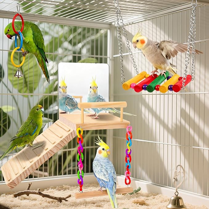 Perch Platform Bird Toys with Bird Mirror Climbing Ladder Swing,Tricolor Ring,Birds Perch Platform Bird Toys,Wooden Bird Cage Accessories,Suitable for Various Parrots and Birds