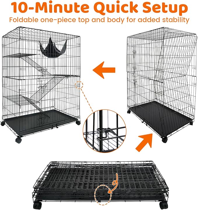 Homey Pet 50 Inch Cat Cages Indoor, Large 4-Tier Cat Crates for Indoor Cats, Collapsible Metal Wire Cat Kennel Big Multi-Level Cat Cage for Adult Cats Kitten Kitty with Hammock, Ramp, 360° Wheels