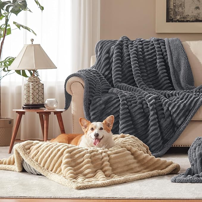 Waterproof Dog Blanket for Large Dogs, Washable Soft Puppy Cat Blanket Flannel Cotton Velour for Sofa Couch Protector, Comfort & Security Reversible Bed Protection for Pet, 50"X60", Khaki