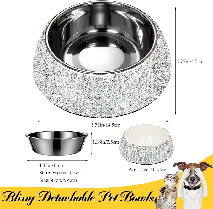 SlowVibes Bling Stainless Steel Dog Bowls,7oz Detachable Rhinestone Metal Food Water Bowl for Feeding Dogs Cats,Rust Resistant Non-Slip Puppy Dish with Gems,Sparkle Essentials for Small Girly Pets