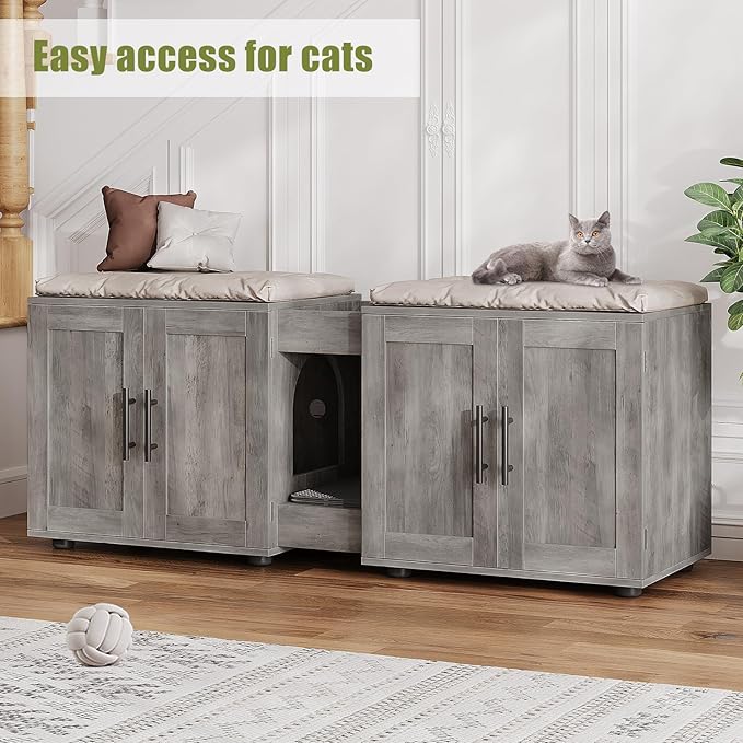 Garvee Cat Litter Box Enclosure for 2 Cats, 55" Hiddden Litter Box Enclosure Furniture 3-in-1 Wooden Litter Cabinet with Barn Door & Double Rooms for Bedroom Living Room, Gray