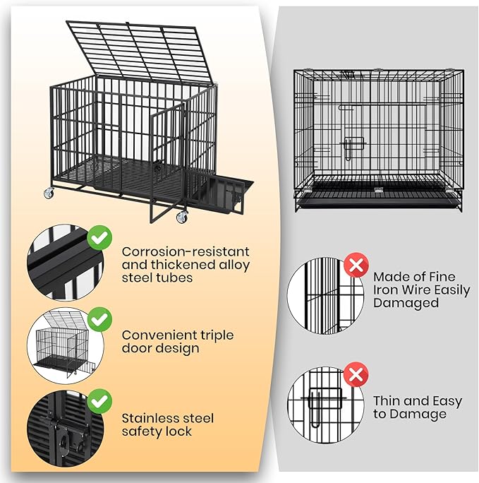 36 Inch Heavy Duty Dog Crate with Wheels, Escape Proof Metal Kennel with 3 Doors & Removable Tray for Large Medium Dogs, Black