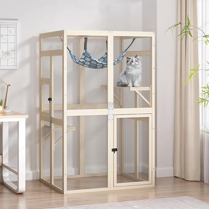 Catio Outdoor Cat Enclosure - Premium Wooden Cat Catio with Window Access & Breathable Mesh, Weatherproof Kitty House for Patio/Backyard/Indoor (Wood)