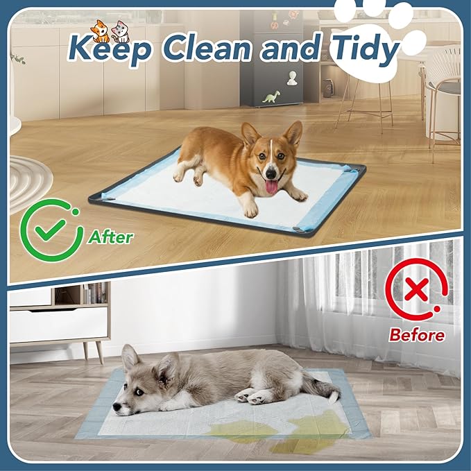 Pee Pad Holder for Dogs, 24" x 24" Non-Slip Silicone Puppy Pee Tray Mat with 4 Magnetic Clips, Reusable, No Spill Raised Lip High Edge, Leak-Proof Puppy Toilet Training Pad for Indoor Floor Protection