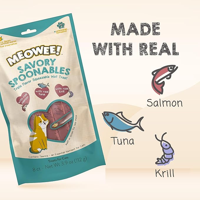 Savory Spoonables with Real Salmon, Tuna & Krill, 8 Count Tube, Triple Flavor Squeezable Lickable Wet Treats for Cats with Built-in Spoon for Less Mess (Pack of 2)