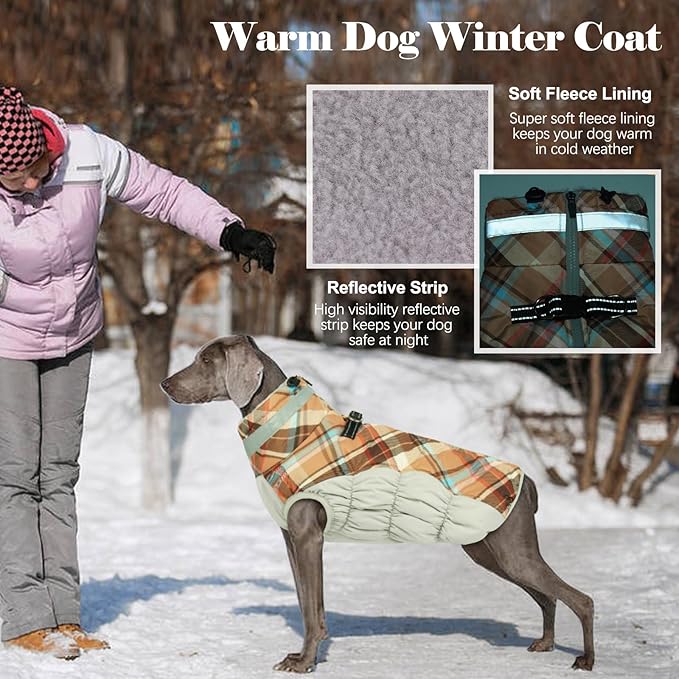 Lelepet Warm Dog Winter Coat Dog Coats for Large Dogs Waterproof Dogs Jacket with Harness Built in Reflective Cold Weather Coats Zip-Up Winter Fleece Vest Snowsuit Boston Terrier Brown Plaid L