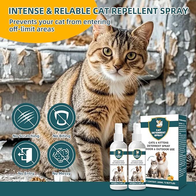 Cat Deterrent Spray - Safe Non-Toxic Anti-Scratch Repellent for Dogs and Kittens, Protects Furniture, Carpets, Curtains, Plants,Indoor and Outdoor Use,Natural Citrus Scent（2 * 100ML）