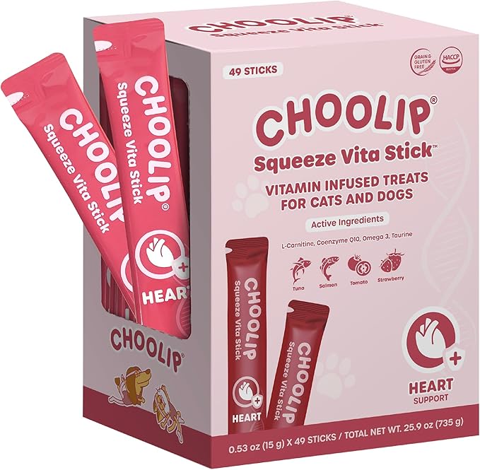 Choolip Squeeze Vita Stick Lickable Cat and Dog Treats, 49-Count Heart Support Variety Pack, Salmon and Tuna with CoQ10, L-Carnitine and Taurine
