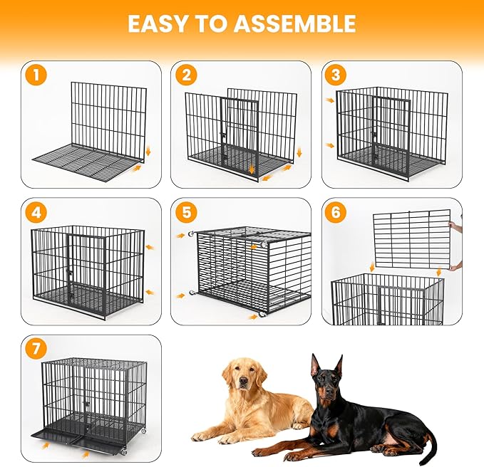 54 Inch Heavy Duty Dog Crate with Wheels, Escape Proof Metal Kennel with 3 Doors & Removable Tray for Large Medium Dogs, Black