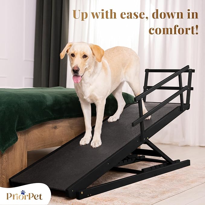 Dog Ramp for Bed with Safety Rails for High Beds up to 37" – Extra Wide 19.5" Adjustable Dog Bed Ramp for Large Dogs up to 200 lbs – Solid Birchwood, Non-Slip Rubber Surface, Foldable Design – Black