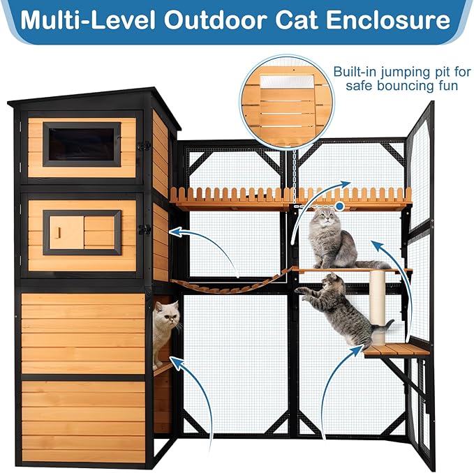 Large Cat Catio Outdoor 4 Tiers Cat Enclosure Window Access, Walk-in Cat Cage Cat House for Multiple Indoor Outdoor Cats, Outside Patio 5 Doors Weatherproof Asphalt Roof & PVC Canopy Roof