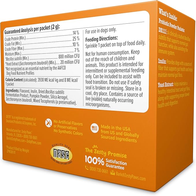 Zesty Paws Probiotics for Dogs - Powder Meal Topper for Digestive, Immune System Support - Premium DE111 Dog Probiotics for Digestive Health - Inulin Fiber & Yeast Extract - Pumpkin Flavor - 30 Ct