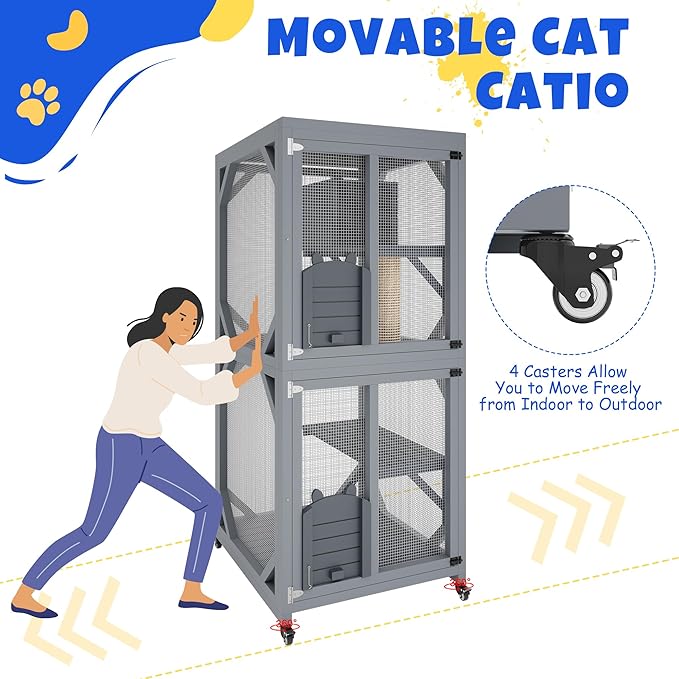 4 Tiers Outdoor Cat Enclosure on Wheels, 68'' Catio with Window Access, Weatherproof Roof Cats House with Scratch Post, Platforms and Resting Box Grey