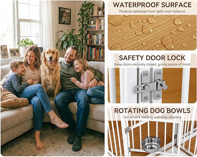 80.7" Double Dog Crate Furniture, Large Breed Dog Crate TV Stand with Swivel Bowls, Heavy Duty Wooden Double Dog Kennel with Removable Divider for 2 Medium Dogs (White)