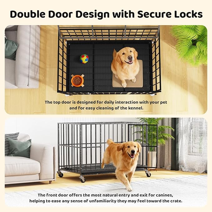 48 Inch Heavy Duty Dog Crate, Indestructible Escape-Proof Dog Kennel for High Anxiety Large Dogs, Strong Metal Pet Cage with Double Doors, Lockable Wheels & Removable Tray, XL XXL XXXL