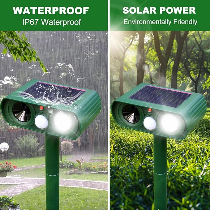 Solar Ultrasonic Animal Repeller, 2025 Cat Repellent Outdoor,Waterproof Deer Repellent for Raccoon,Dog,Fox, Deer, Skunk,Squirrel, Rabbit with LED Flashing and Motion Sensor,Sound Green