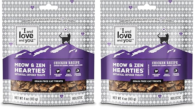I AND LOVE AND YOU Meow & Zen Hearties Cat Treats - Chicken- Grain Free, Omega 3 & 6, Prebiotics, Filler Free, 4oz Bag (Pack of 2)