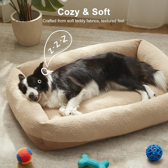 FURTIME Washable Small Dog Bed, Rectangle Comfy Fluffy Kitten Puppy Bed, Removable Zipper Cover Machine Wash, Soft Breathable Orthopedic Bed Durable Pet Cuddler with Anti-Slip Bottom, 20"x19"x6",Beige