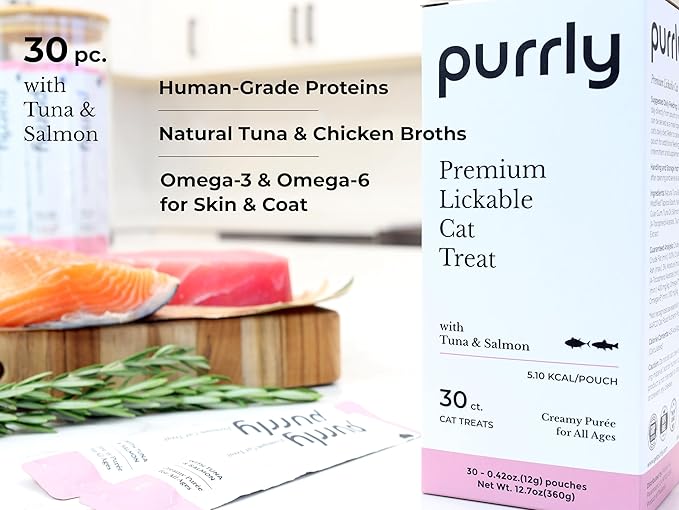 Purrly Squeezable Cat Treats Wet Healthy Interactive Hydrating Human-Grade Tuna & Salmon with Omega-3 & 6 for Skin & Coat (30 Count) Lickable Creamy Puree Topper Wild-Caught No-Artificial-Additives