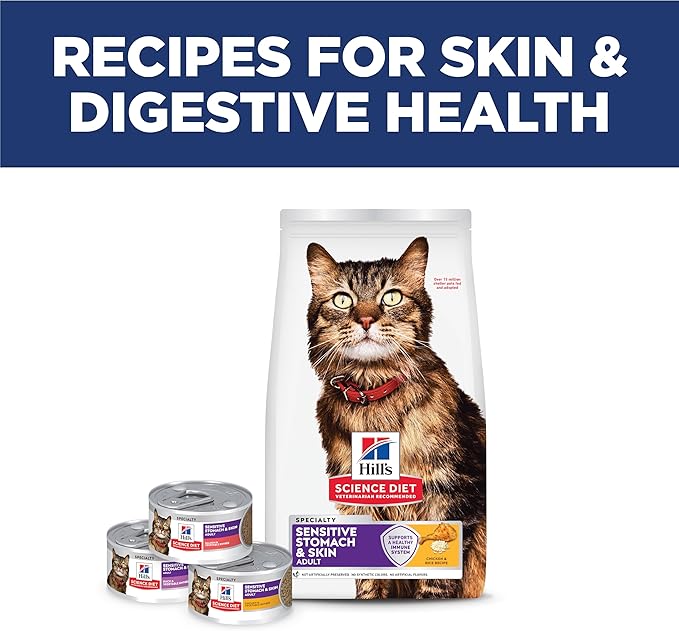 Hill's Science Diet Adult 1-6 Sensitive Stomach & Skin Dry Cat Food, Chicken & Rice, 3.5 lb. Bag (Updated Formula)