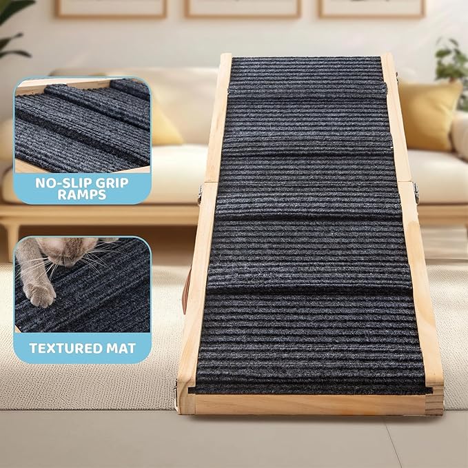 Medium Dog Ramp for Bed and Couch Wooden Adjustable Pet Stairs for Dogs and Cats 34.6" Non Slip Foldable Ramp with 5 Height Settings 13.6"-21.5" for Puppies, Pets, Indoor Outdoor Use