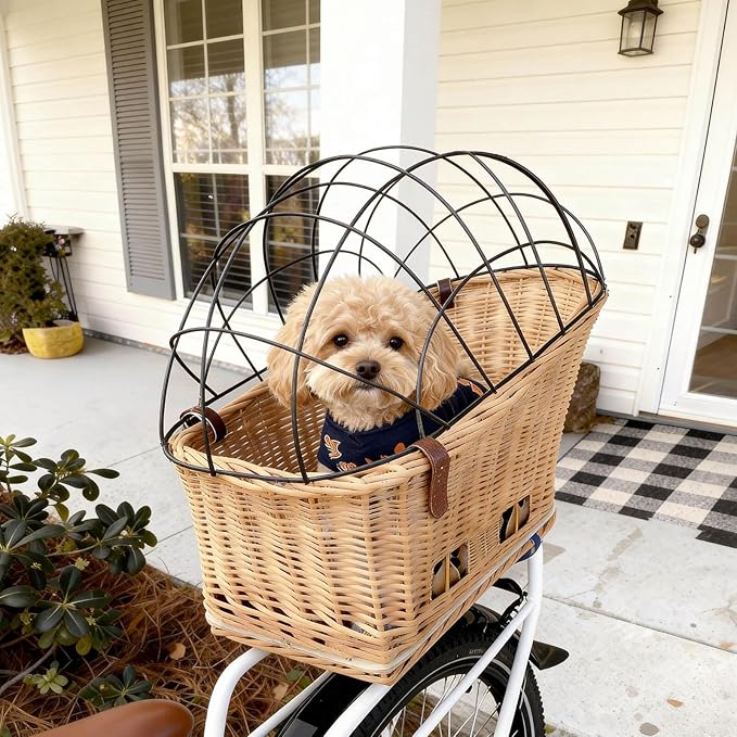 Dog Bike Basket Pet Bicycle Carrier| Natural Wicker Attachment with Protective Grille,Easy to Install Comfort Cotton Cushion,Mounting Bracket for Secure Bicycle Rear Luggage Rack for Daily Rides