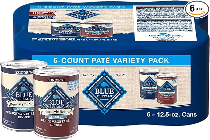 Blue Buffalo Homestyle Recipe Senior Wet Dog Food, Made with Natural Ingredients, Beef Dinner and Chicken Dinner, Variety Pack, (12.5-oz Cans, 3 of Each Flavor)