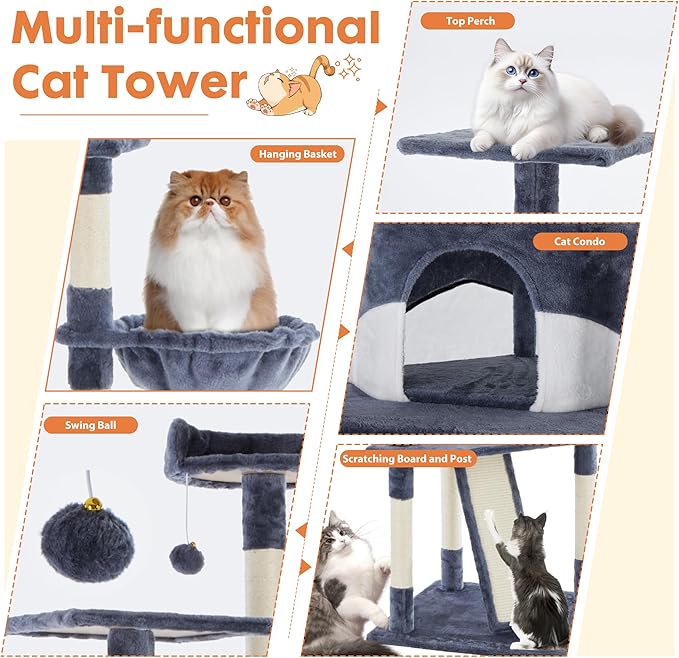 Sweetcrispy 79 inch Cat Tree Tower, Large Multi Level Cats Climbing Tower with Condo, Natural Sisal Scratching Posts, Extended Platform, Basket, Tall Pet Tree House for Indoor Cats Play, Dark Blue