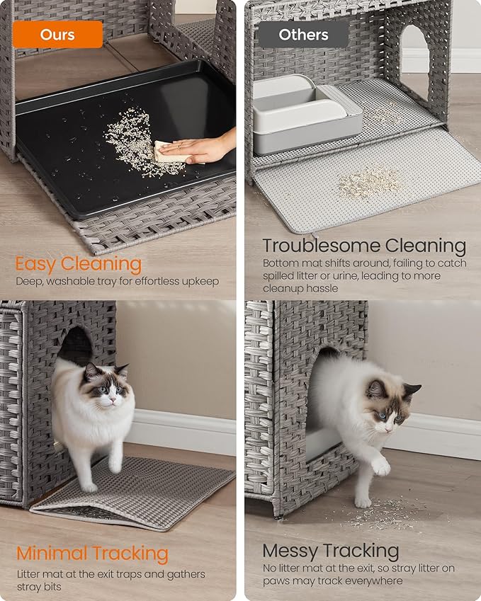 Feandrea Cat Litter Box Enclosure, Handwoven Rattan Hidden Litter Box Furniture with Extra Litter Mat, Removable Washable Tray, Boho Cat House, End Table, Dove Gray UPCL014G01