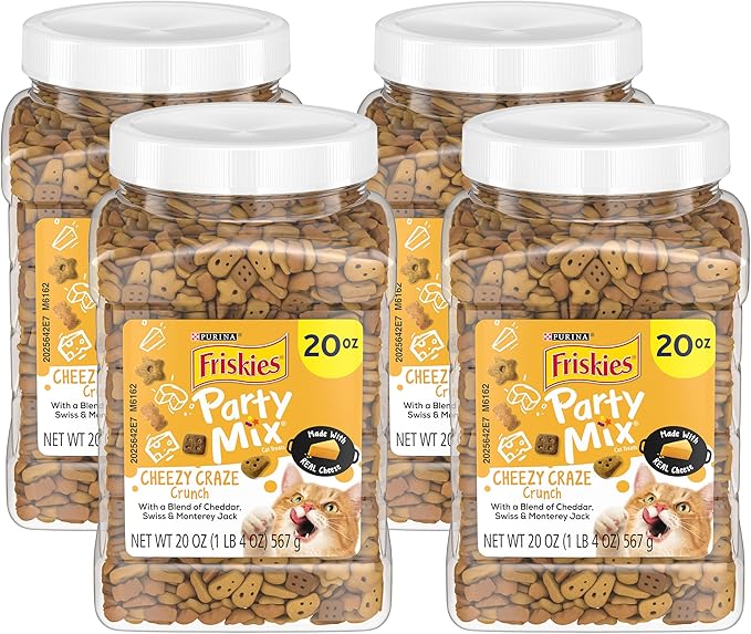 Purina Friskies Party Mix Cat Treats, Cheezy Craze Crunch, Blend of Cheddar, Swiss & Monterey Jack, Cat Treats Made with Real Cheese, 20-Ounce Canister (Pack of 4)
